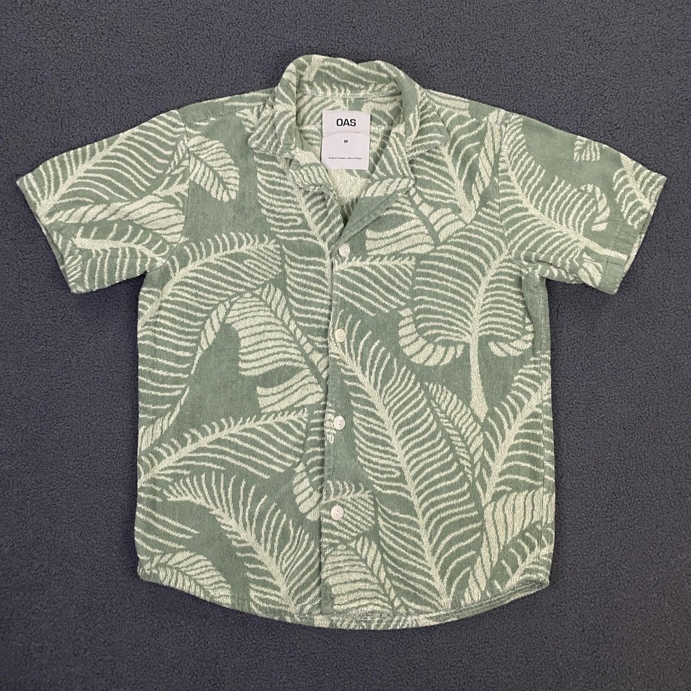 OAS Shirt Mens Medium Banana Leaf Cuba Terry Cloth Towel Hanalei Kauai Hawaiian